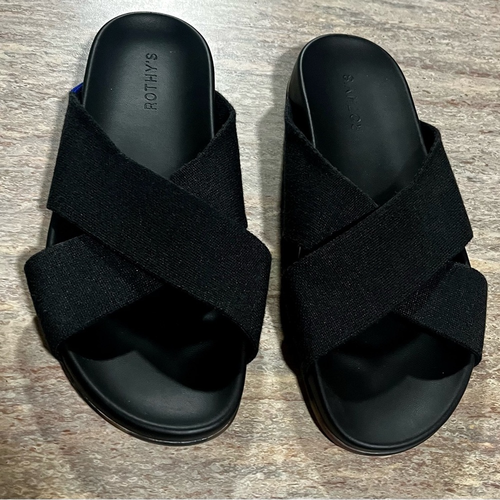 NWOB Rothy’s The Weekend Slides in Black Criss-Cross Slides